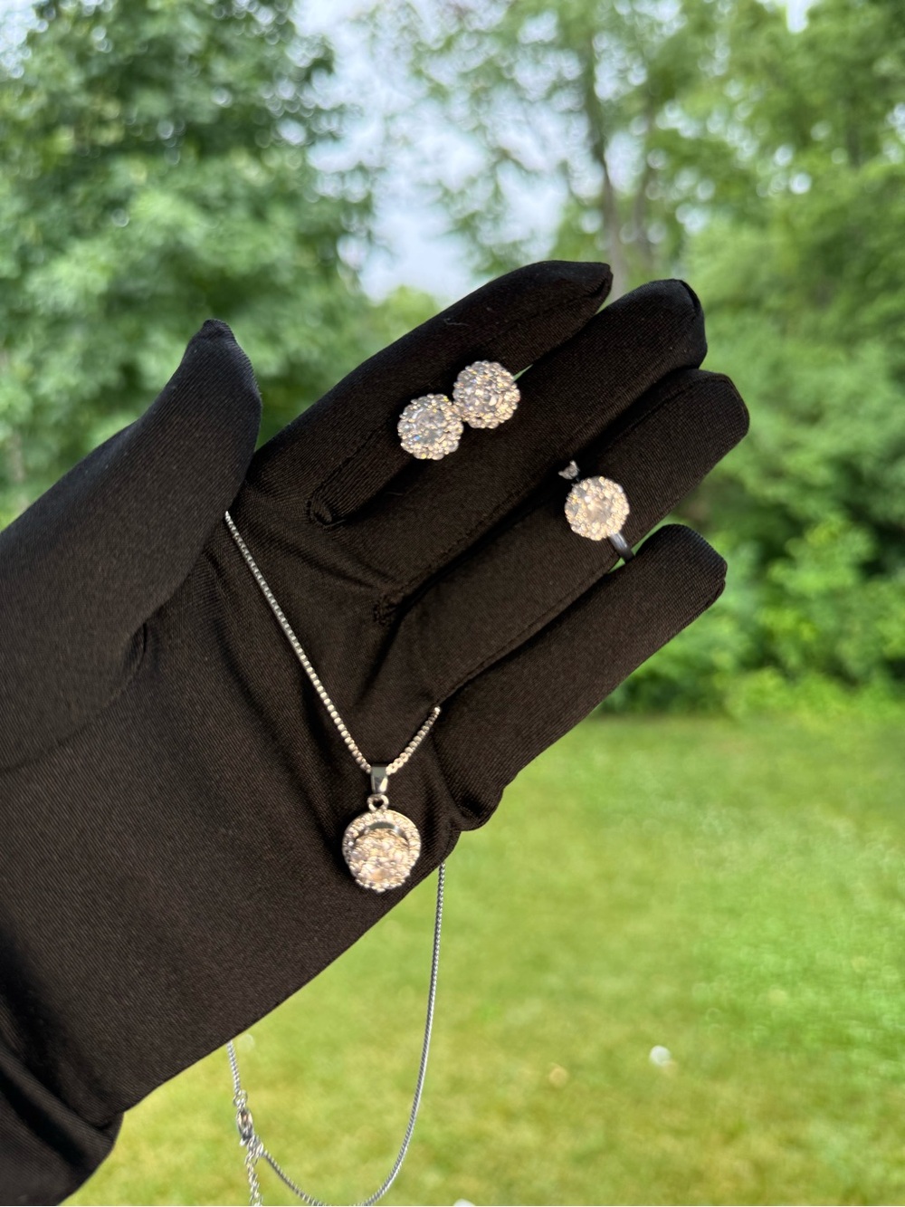 Sterling Silver Round Cubic Zirconia Pendant, Ring and Stud Earrings Set - White